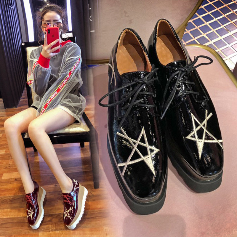 2023 spring new wedge shoes women's leather thick-soled muffin shoes British embroidery star shoes lace-up high-heeled trendy shoes