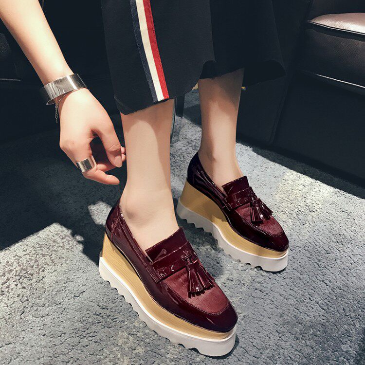 Clearance shoes thick bottom platform shoes women's leather horsehair square head wedge-shaped single shoes tassel high-heeled lazy British leather shoes