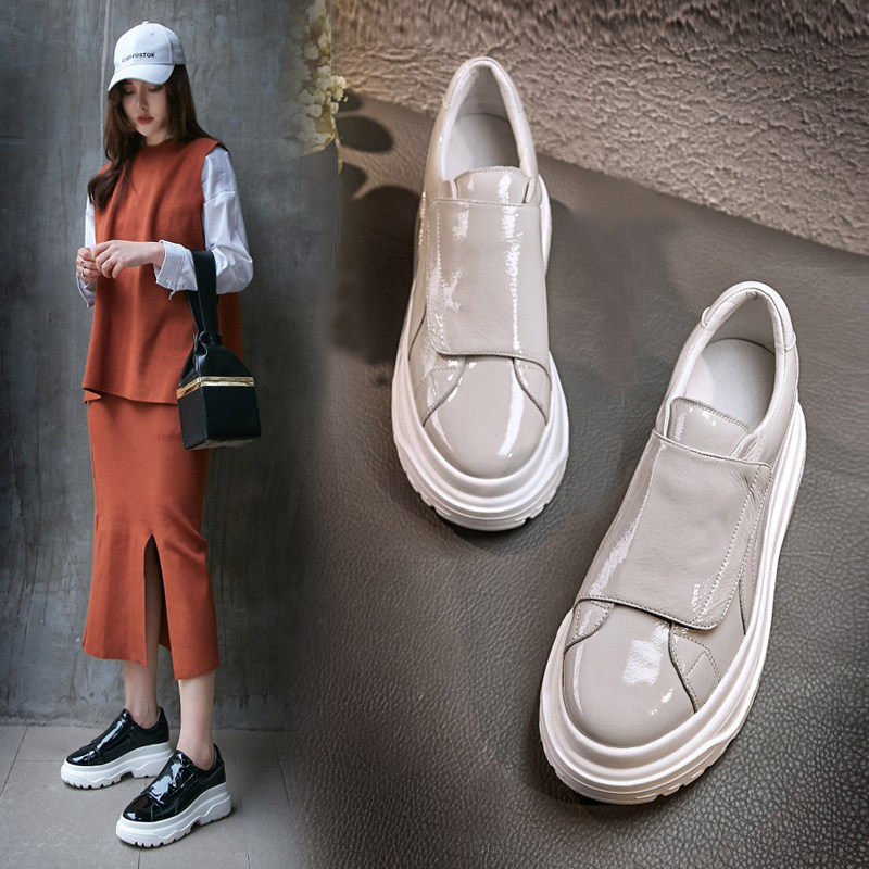 2022 spring new wedge-shaped shoes women's leather platform shoes patent leather Velcro high heel slip-on shoes
