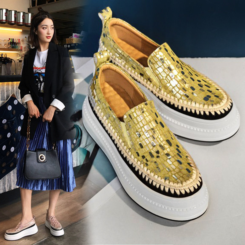 2023 spring new thick-soled single shoes women's leather wedge heel muffin loafers sheepskin pink mid-heel loafers