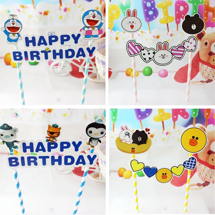 Baking Cake Decoration Inserted Card Birthday Party Cake Dress With Straw Cartoon Banner Inserts Banner