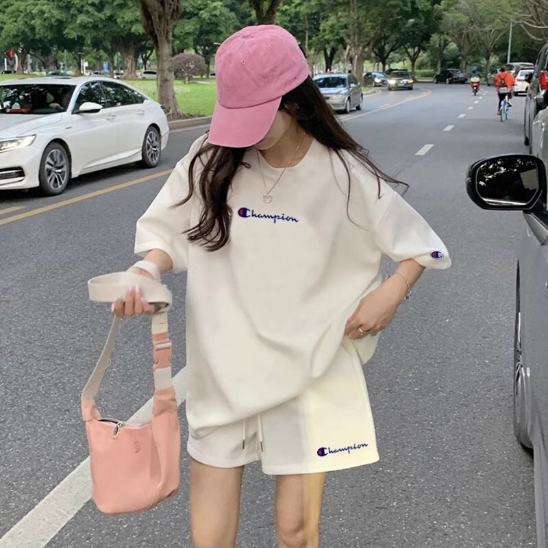 Japanese Version Champion Summer New Embroidered Short-Sleeved T-Shirt Set Loose Running Sports Shorts Student Two-Piece Set for Women