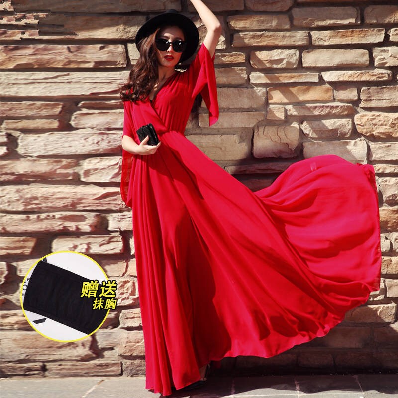 2026 New Women's Summer Elegant Korean Style Slimming Chiffon Extra-Long Red Beach Dress Long Skirt Flowing Dress
