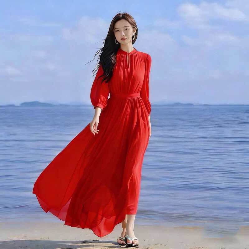 French-Style Red Chiffon Dress for Women, New Summer Style, Waist-Cinching, Large Hem Skirt, Seaside Vacation, High-End, Elegant Long Dress