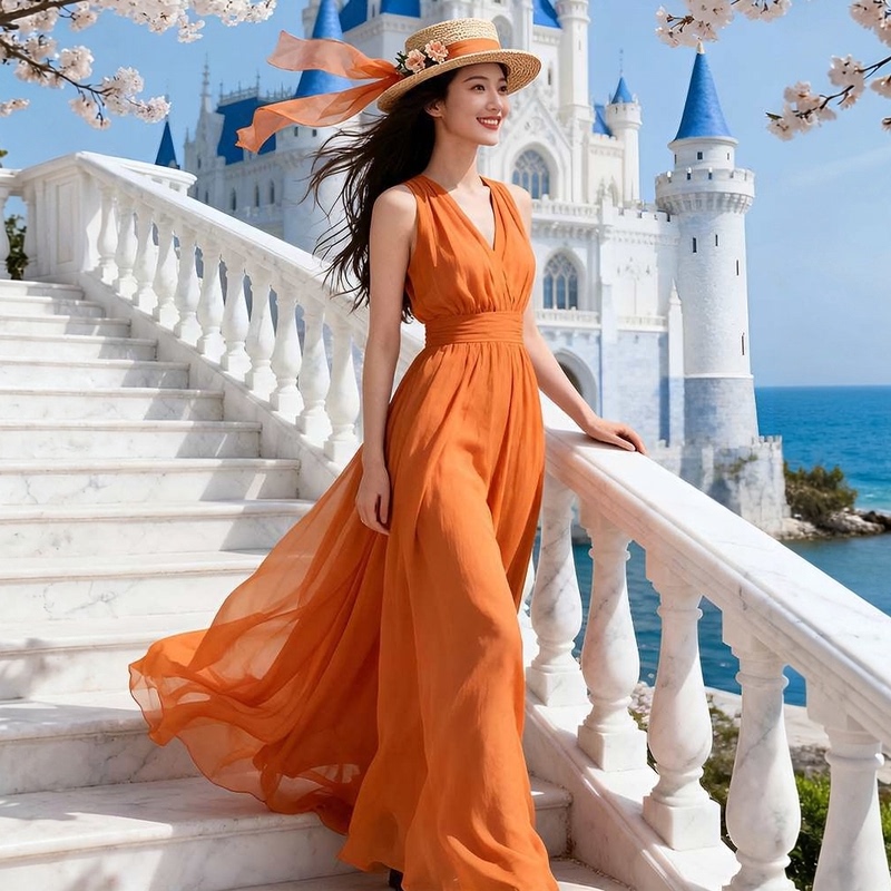 Orange Vacation-Style Dress for Women, New Summer Style, Waist-Cinching, Slimming, Elegant, Suitable for Beach Travel and Photo Shoots, Atmospheric Dress