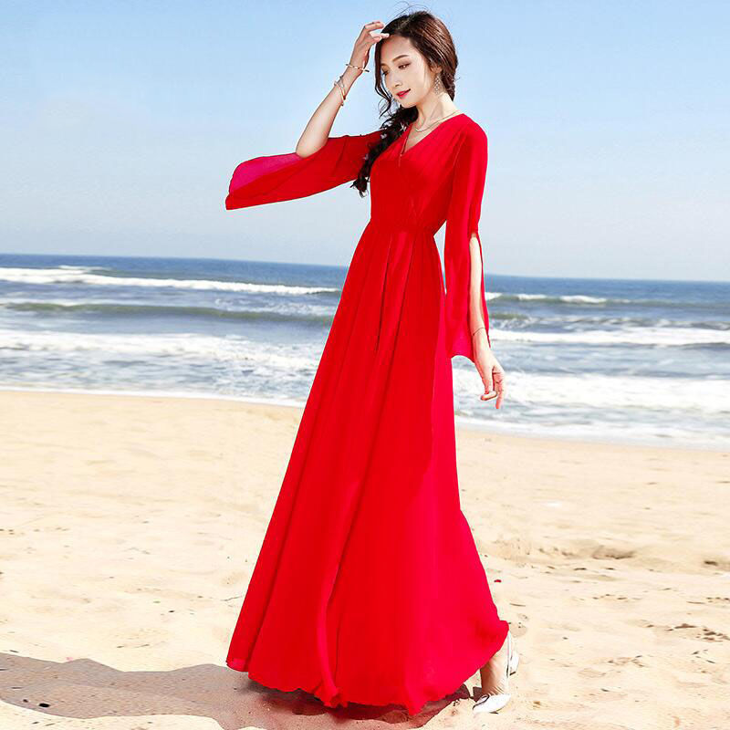 2025 Spring/Summer New Long-Sleeve Chiffon Over-The-Knee Flared Dress in Bright Red Bohemian Beach Vacation Maxi Dress