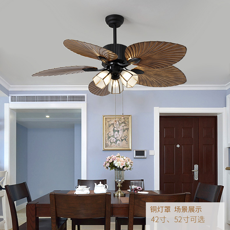 American retro fan light Home mute restaurant room ceiling fan light Southeast Asian leaves fan industrial wind with light now-Taobao