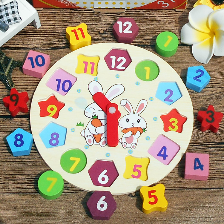 Wooden Children Early Lessons Intelligence Shape Rabbit Clock Building Blocks Pair Toys Digital Clock 2-3-year-old baby