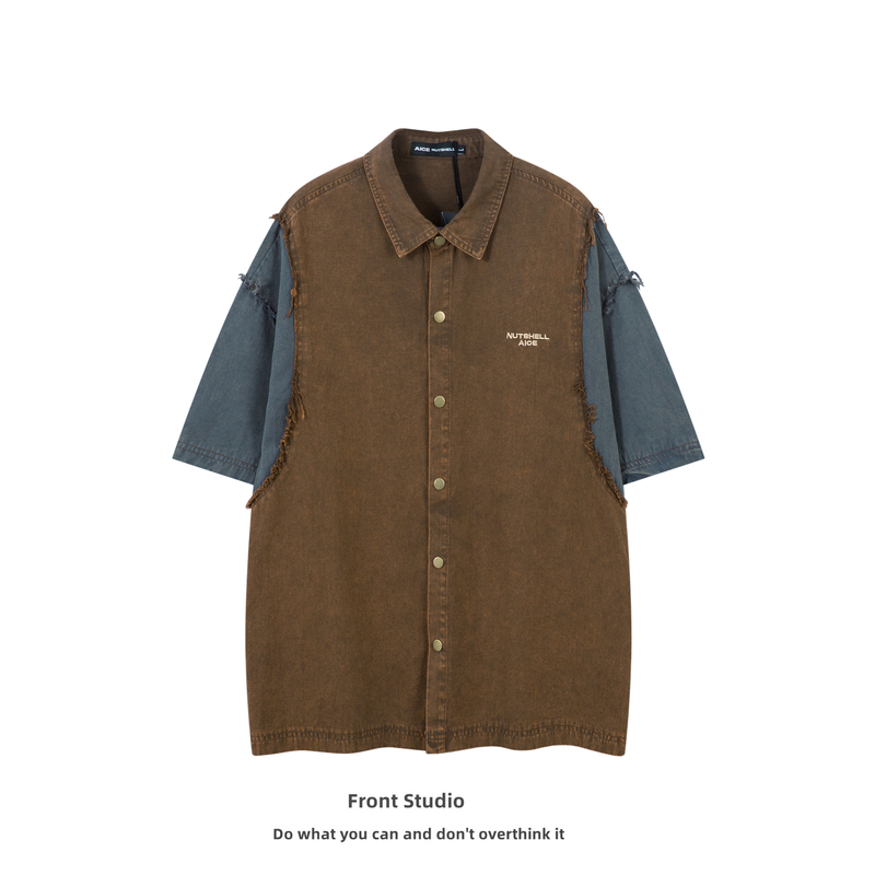 Summer American Retro Color-Blocking Fringed Denim Short-Sleeve Shirt for Men and Women, Street Style, Cool and Unique Heavy-Duty Shirt