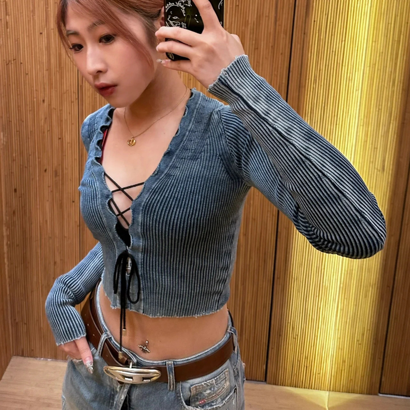 2024 Autumn New Ribbed Tight-Fitting Lace-Up Top Long Sleeve V-Neck Retro Nostalgic Sweet and Spicy Cropped Knit Top for Women