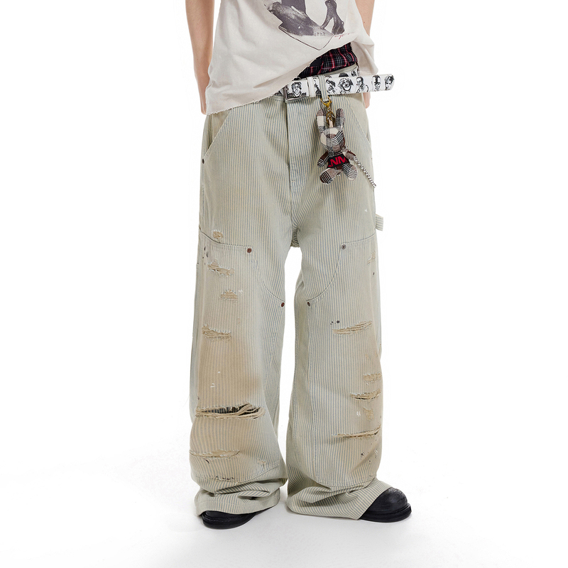 【Lnm】Lame Need Moola Handmade Distressed Light-Colored Striped Lumberjack Pants with Stain and Ink Spot Denim Jeans