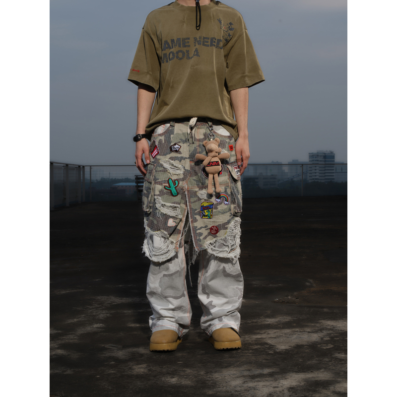 【Lnm】Lame Need Moola Camouflage Patchwork Distressed Washed Patch Embroidery Work Pants