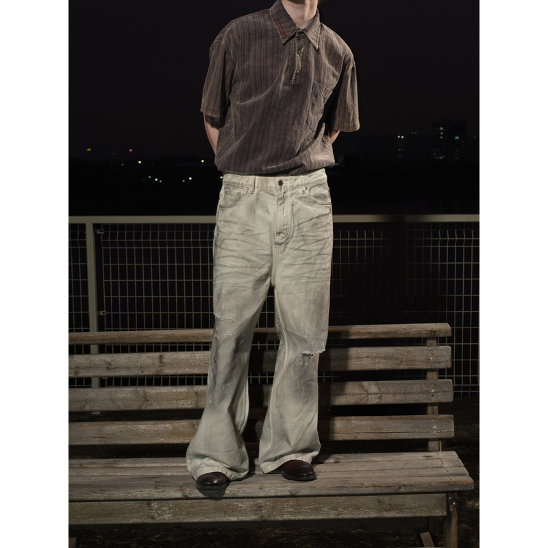 【Lnm】Lame Need Moola* Knife-Cut Distressed Hand-Sprayed White Loose Straight-Leg Jeans