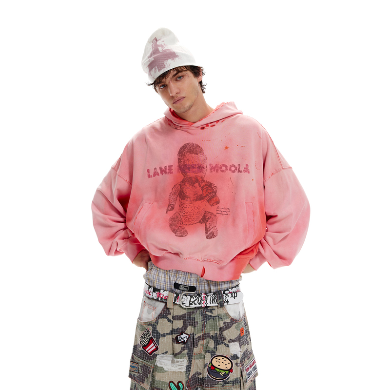 【Lnm】Lame Need Moola 430g Orange-Red Faded Vintage Hoodie Short Wide Silhouette Hooded Sweatshirt