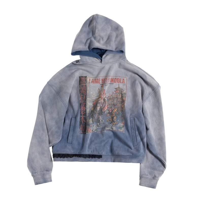 【Lnm】Lame Need Moola "Journey to the West" Lace Hem Distressed Hooded Sweatshirt
