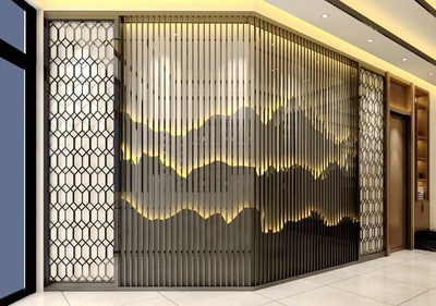 Light luxury stainless steel glass screen partition custom titanium alloy laser hollow living room lattice new Chinese metal porch