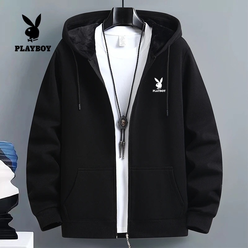 Playboy Pure Cotton Jacket Men's Jacket Sports Top 2025 Autumn and Winter Loose Hooded Cardigan Sweatshirt for Men