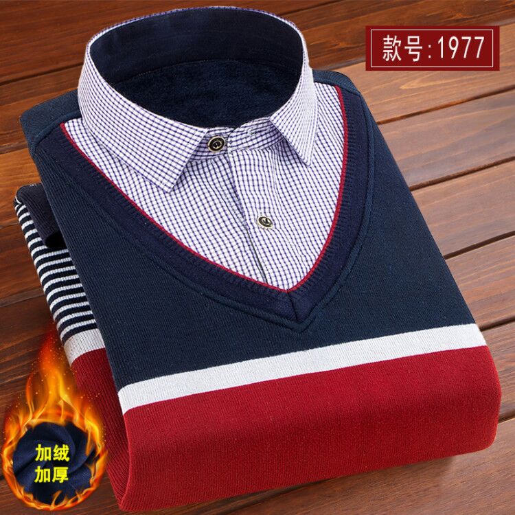 nam dài tay giả hai mảnh áo len mùa thu / mùa đông áo sơ mi cổ áo cộng với nhung dày ấm knitsweater áo khoác áo khoác trẻ.