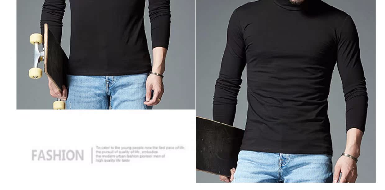 Đặc biệt hàng ngày cotton nguyên chất phiên bản tĩnh lưới áo thun nam dài tay màu trắng máu tất cả màu đen bên trong cổ áo cao nửa nam áo thun cotton
