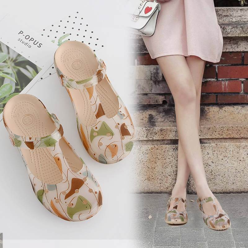 VEBLEN hole shoes women's non-slip breathable flat student beach shoes Jelly shoes Baotou Mary Jane sandals soft bottom