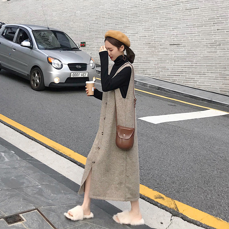 Retro long dress French style over kneecap two-piece suit autumn and winter French small crowdvest first love wind scarves