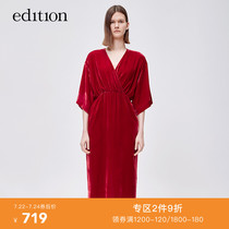 edition velvet dress womens spring loose sleeves and kimono-style oblique lapel V-neck waist