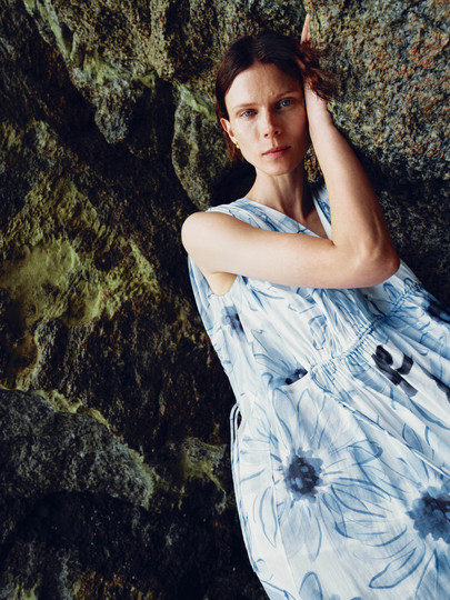 Edition dress women's summer new resort style ink printed cotton and linen dress EBC2DRS059