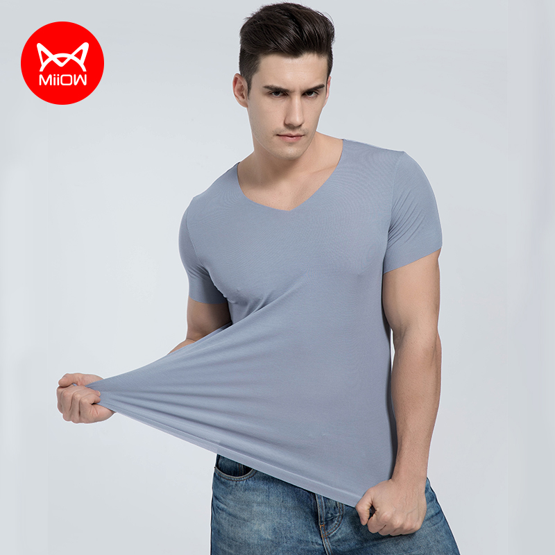 Cat Man Modale No Mark Ice Silk V Collar Short Sleeve T-shirt Youth Sports Pure Color Half Sleeve Bottom White Sweatshirt