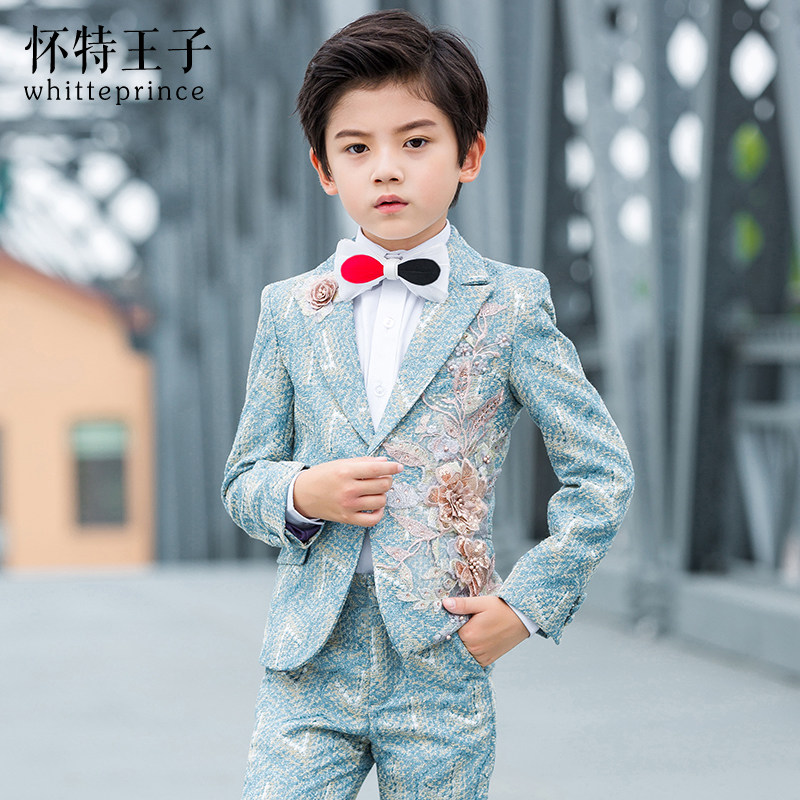 Children's suit British style catwalk photo shoot host performance Prince White boys suit three-piece suit