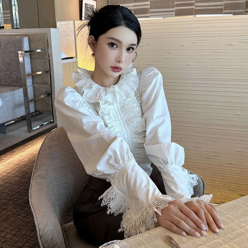 2026 Internet Celebrity Style Autumn Fashionable Socialite New Ruffled Blouse Women's Long-Sleeved Patchwork Lace Trim Top 2026 Internet Celebrity Style Autumn Fashionable Socialite New Ruffled Blouse Women's Long-Sleeved Patchwork Lace Trim Top