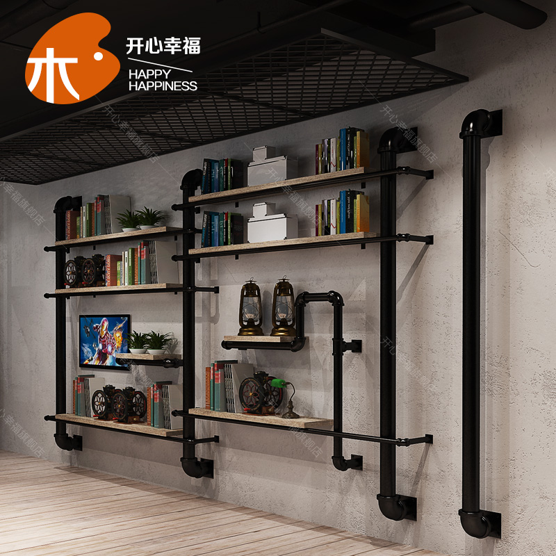 Loft American industrial style wall hanging display stand solid wood clapboard rack retro water pipe clapboard bookshelf steel wood