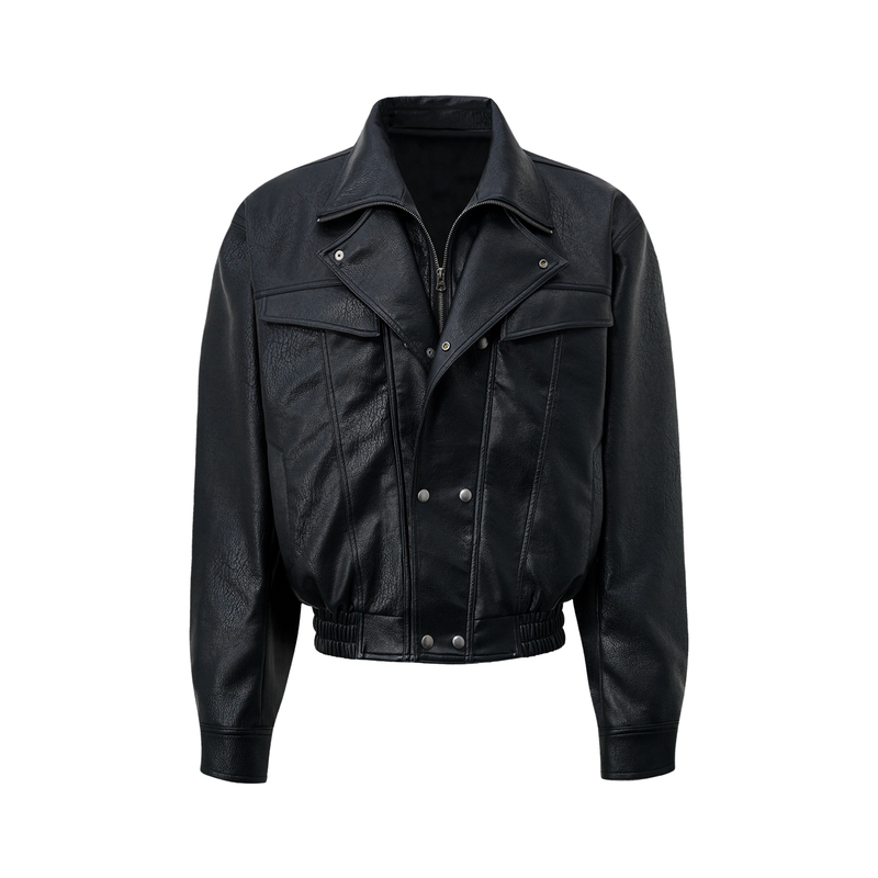 Fdm'Wave' Silhouette Zip-Up Vintage Black/Brown Stand-Up Collar Biker Leather Jacket for Men, Short Style
