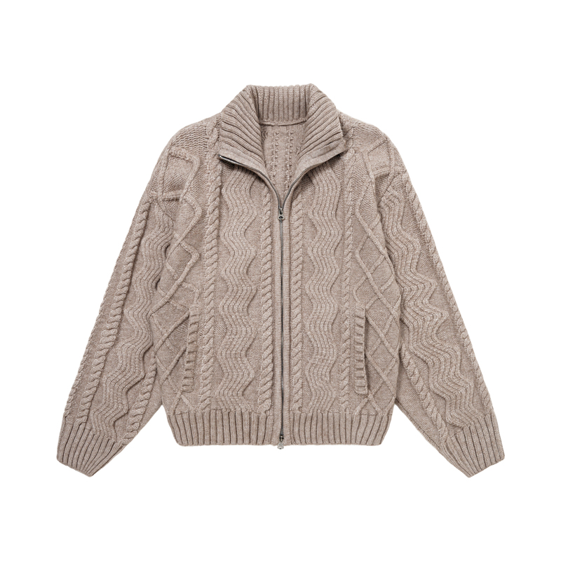 Fdm'Wave' Italian-Style Elegant Heavy Gauge 990g Textured Stand Collar Cable Knit Cardigan Sweater Jacket