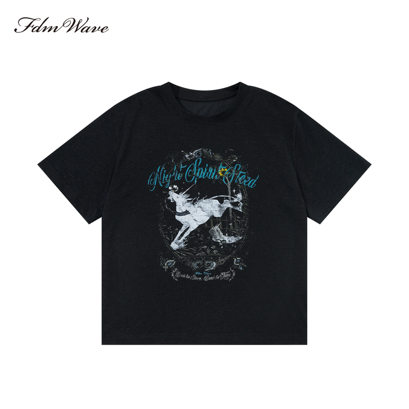 Fdm'Wave' Dark Night Horse Print Short Sleeve Break the Chains Vintage/Linen/Textured
