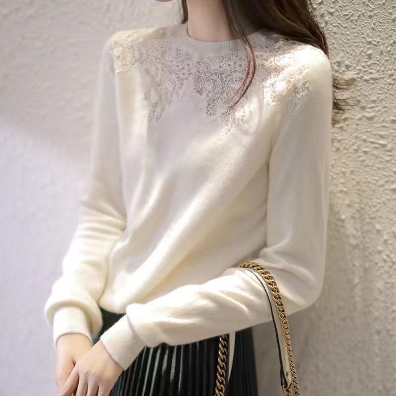 Authentic Gejia Women's Clothing 2026 Spring and Autumn New Style Hollow Embroidered Lace Patchwork Wool Knitted Base Shirt Sweater