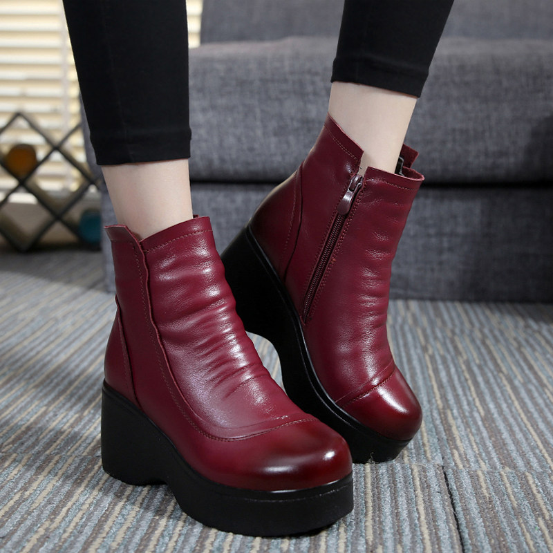 Winter women's cotton shoes thick-soled muffin heel cotton boots short boots women's genuine leather plus velvet women's boots waterproof platform boots short boots