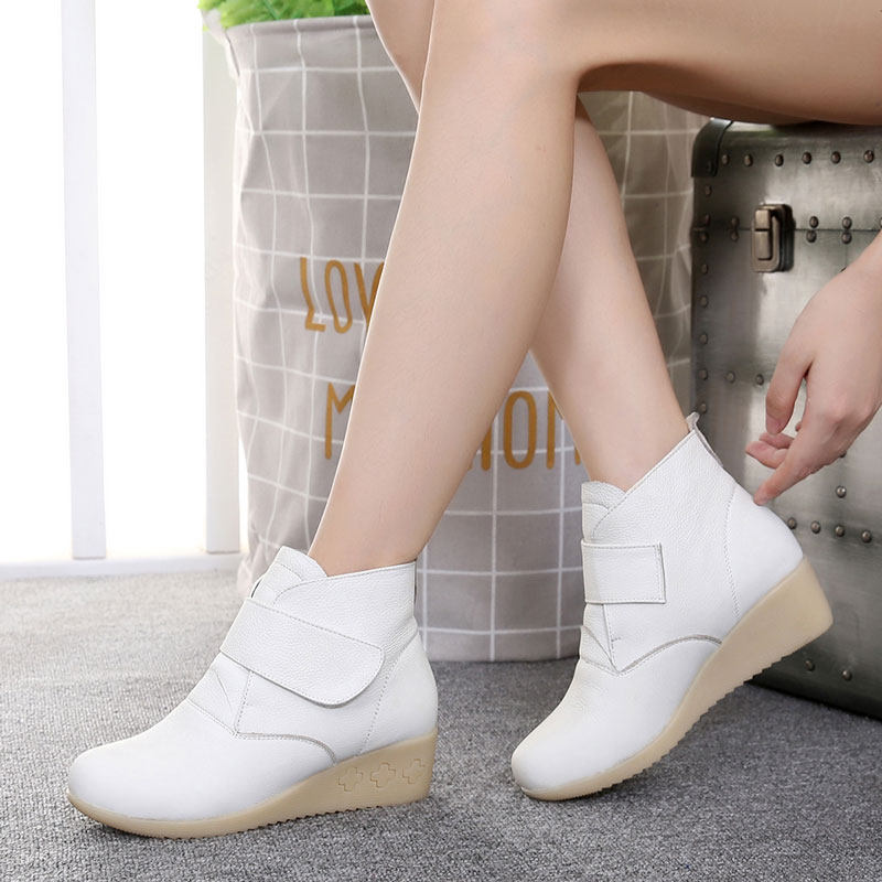 Autumn and winter women's shoes nurse shoes white wedge heel beef tendon bottom women's cotton shoes plus velvet cotton boots short boots work shoes leather boots