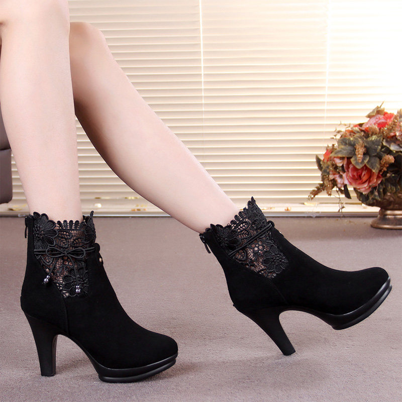 Spring Autumn Women's Boots Single Boots Coarse Heel Short Boots Frosted Leather Boots Lace Korean Version High Heel Casual Women Shoes Spring New