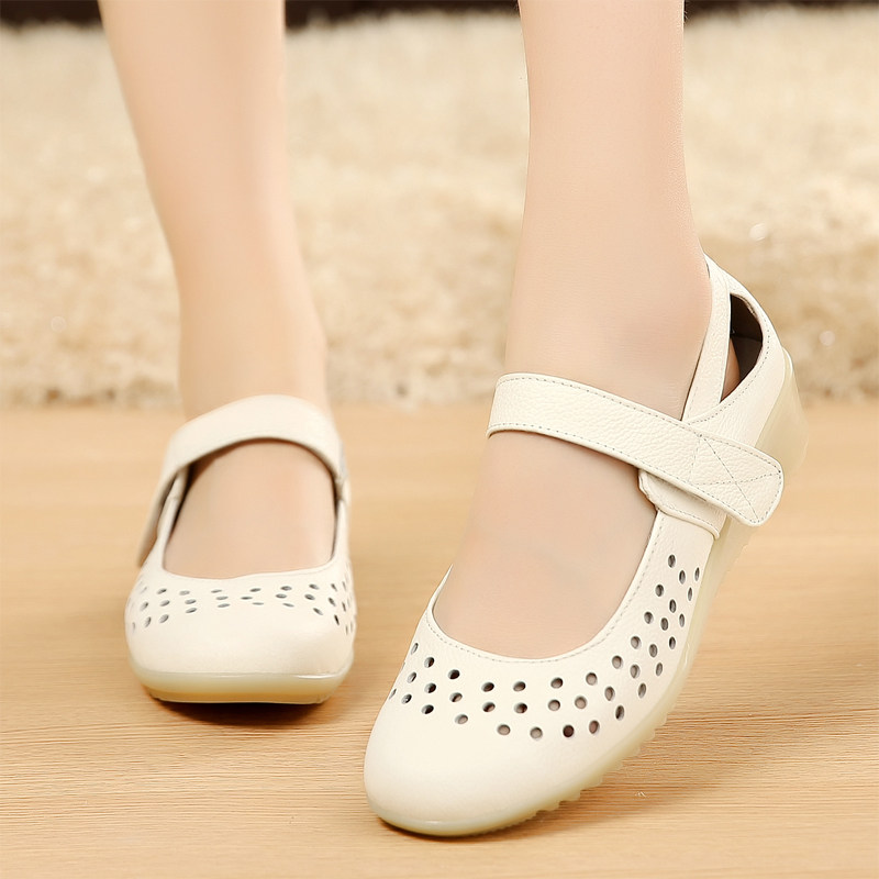 Nurse Shoes White Summer Women Shoe Wedges Type Sandals Women Genuine Leather With Hollowed-out Shoes Working Shoes Bull Fascia Bottom Soft Bottom
