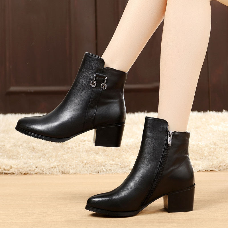 Autumn and winter women's shoes thick heel short boots women's spring and autumn single boots ankle boots genuine leather medium heel cowhide boots women's cotton shoes large size women's boots