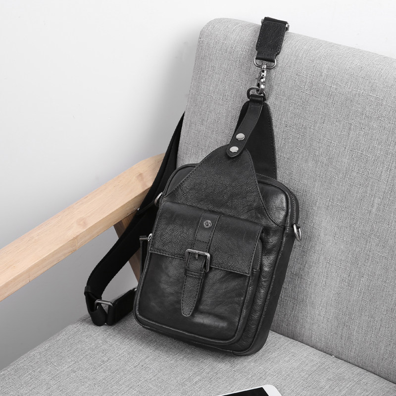 Chest bag men's messenger bag genuine leather top layer cowhide multifunctional men's soft leather small bag fashion trend shoulder bag casual