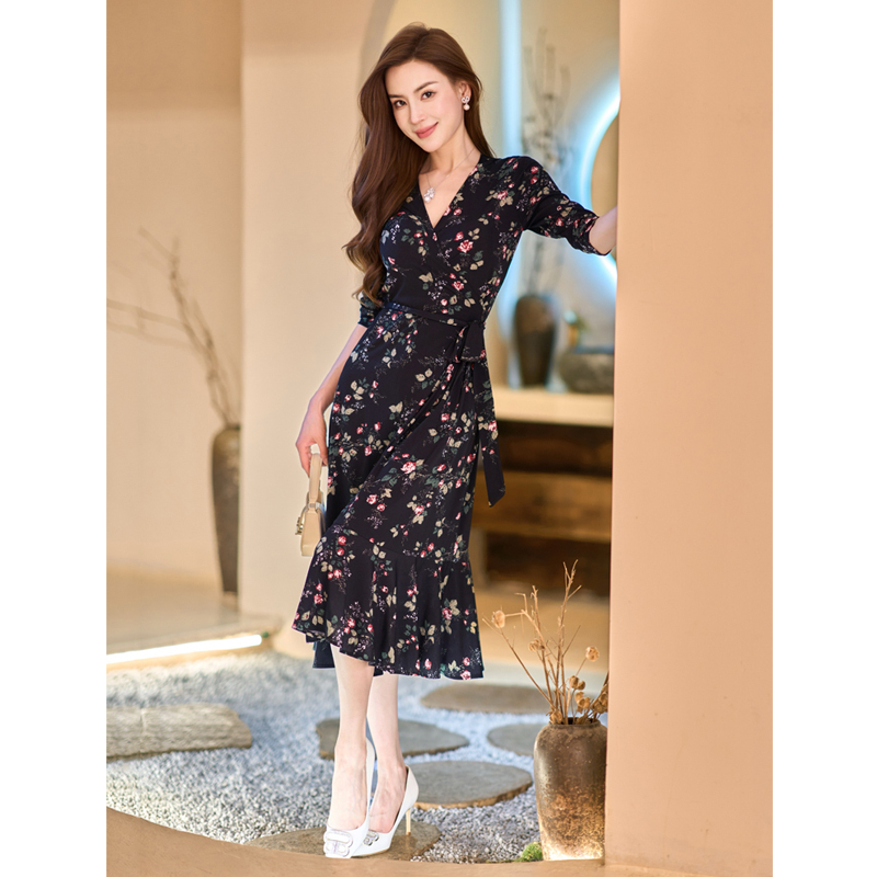 Max Maling Wrap Skirt 2026 Summer Dark Night Rose Print Fishtail Skirt Elegant Slim Fit Dress for Women