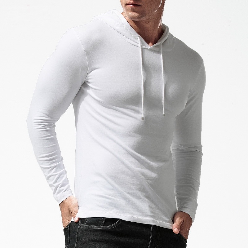 Hooded Sweatshirt Men's Long-Sleeved T-Shirt Base Layer Spring and Autum Thin Sports Slim Hooded Shirt White Pure Cotton Top