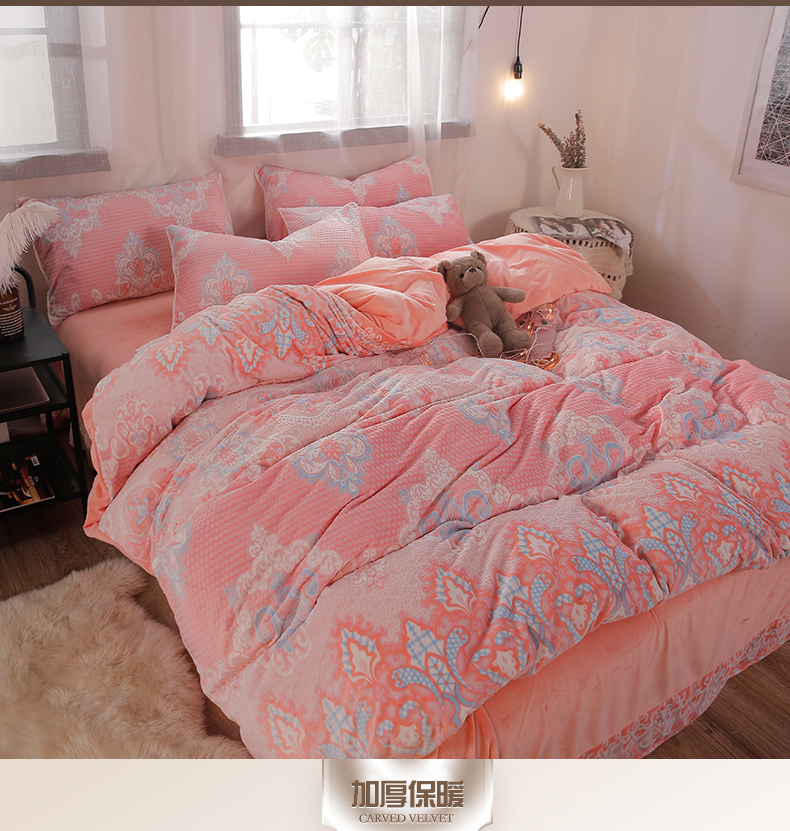 Mùa đông dày 9D khắc bé nhung san hô nhung bốn mảnh lông cừu nhung flannel flannel tấm chăn chăn ga gối đệm màu hồng