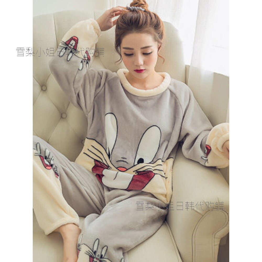 Japan GP autumn and winter cute cartoon pajamas women's flannel long-sleeved thick coral fleece warm home clothes suit