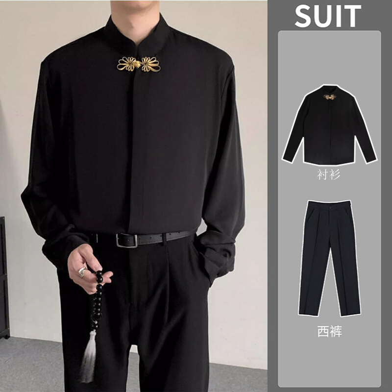 New Chinese Style Men's Black Traditional Stand-Up Collar Buttoned Embroidered Long-Sleeve Shirt Wrinkle-Resistant Engagement Suit Trendy