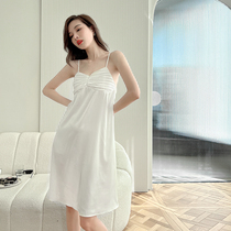 2022 Summer New Sleeping Dress Woman Thin in Ice Sexy White Medium Long Strips of Harness Nets Red Pure Desire for Sleeping Clothes