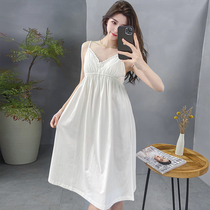 2022 New Sleeping Dress Womens Summer Pure Cotton Slim White Sweet Princess Wind Medium Long Strips Pyjamas Pyjamas Pyjamas Pyjamas