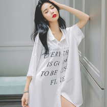 2021 new pajamas womens spring and autumn nightdress womens summer shirt dress large letter printing Ice Silk home clothes tide