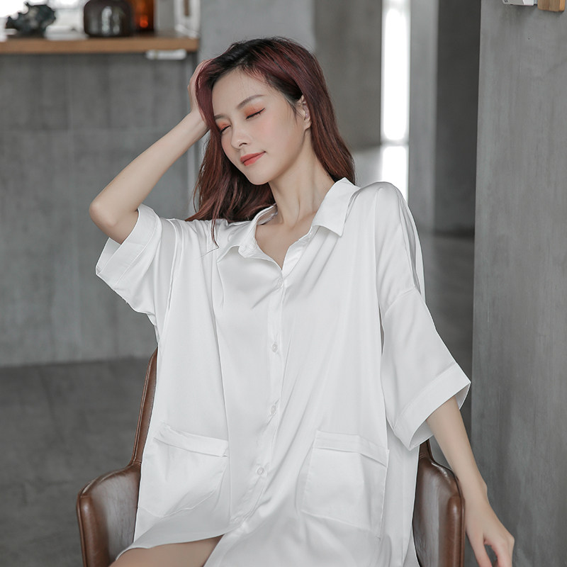 2022 new nightdress women's summer ice silk sexy back lace white shirt home service pajamas women's spring and autumn